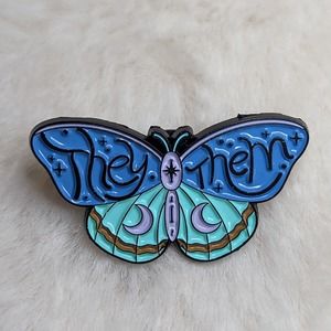 Pronoun Pin They / Them Blue Butterfly Moth Enamel Pin